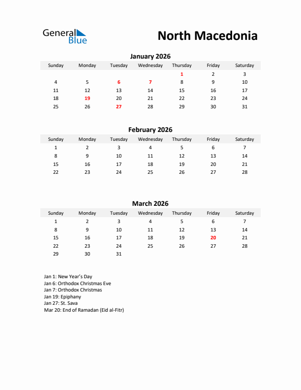 Printable Quarterly Calendar with Notes and North Macedonia Holidays- Q1 of 2026
