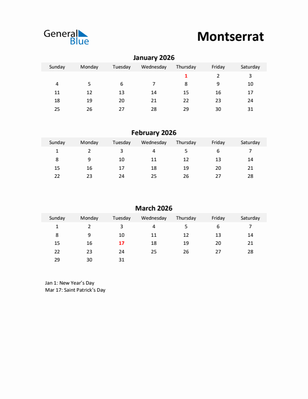 Printable Quarterly Calendar with Notes and Montserrat Holidays- Q1 of 2026
