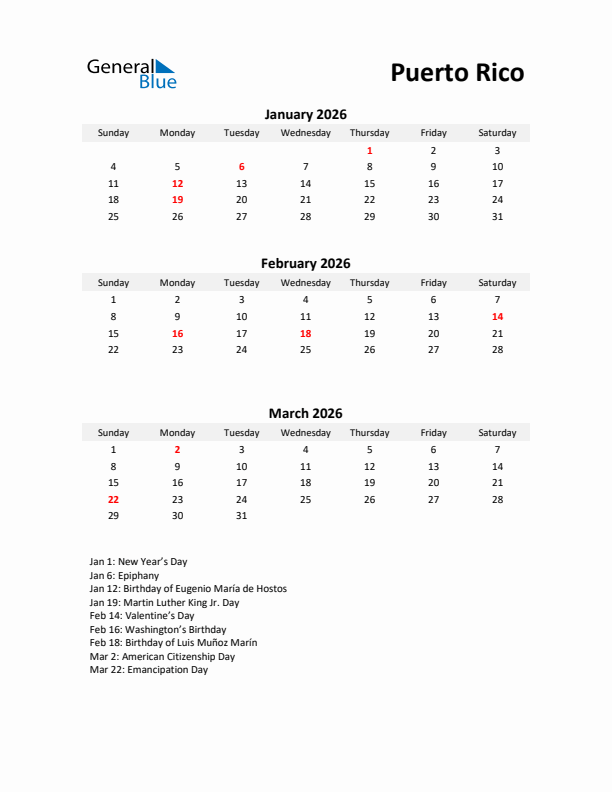 Printable Quarterly Calendar with Notes and Puerto Rico Holidays- Q1 of 2026