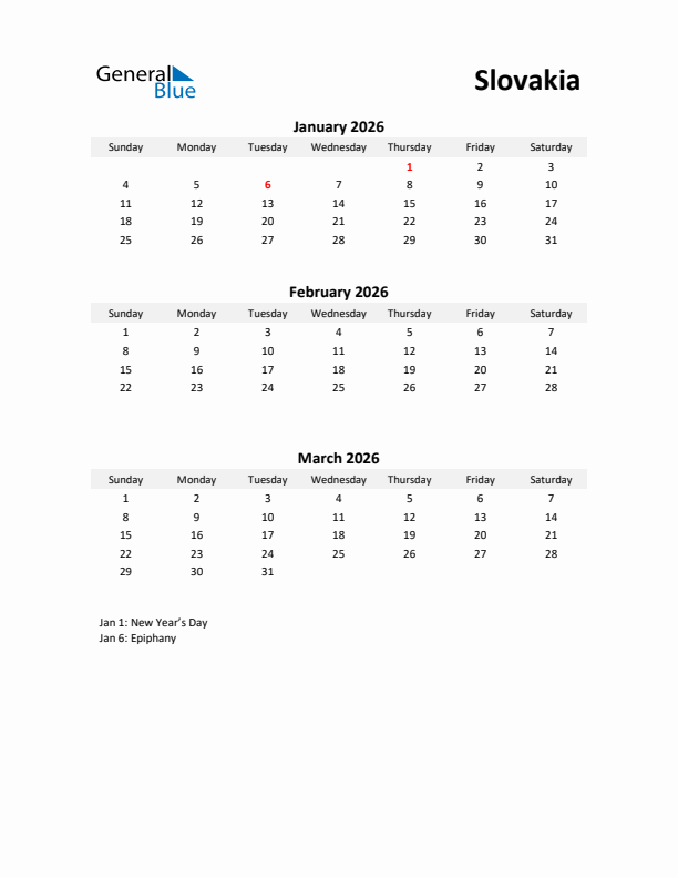 Printable Quarterly Calendar with Notes and Slovakia Holidays- Q1 of 2026