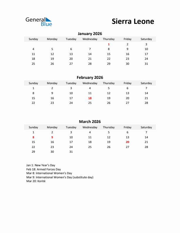Printable Quarterly Calendar with Notes and Sierra Leone Holidays- Q1 of 2026