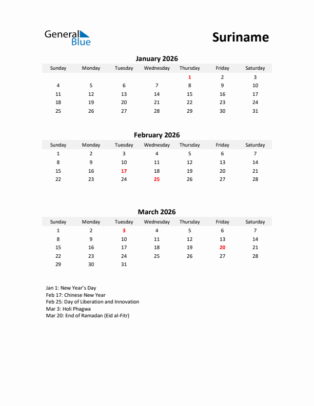 Printable Quarterly Calendar with Notes and Suriname Holidays- Q1 of 2026