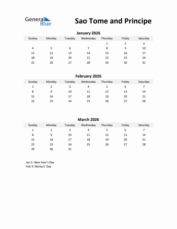 Printable Quarterly Calendar with Notes and Sao Tome and Principe Holidays- Q1 of 2026