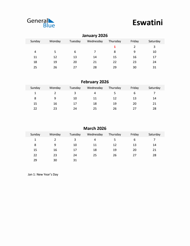 Printable Quarterly Calendar with Notes and Eswatini Holidays- Q1 of 2026