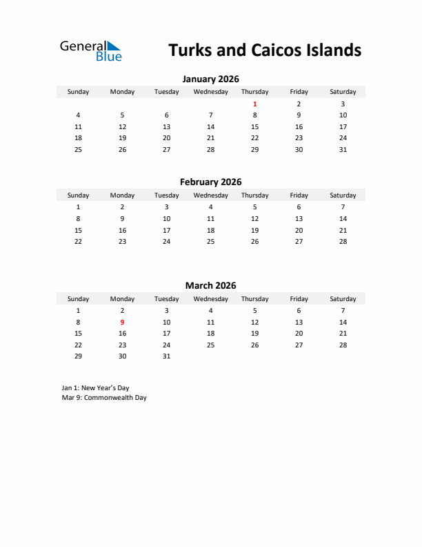 Printable Quarterly Calendar with Notes and Turks and Caicos Islands Holidays- Q1 of 2026