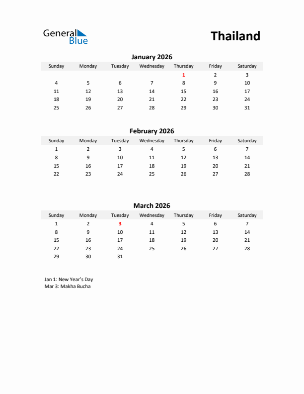 Printable Quarterly Calendar with Notes and Thailand Holidays- Q1 of 2026