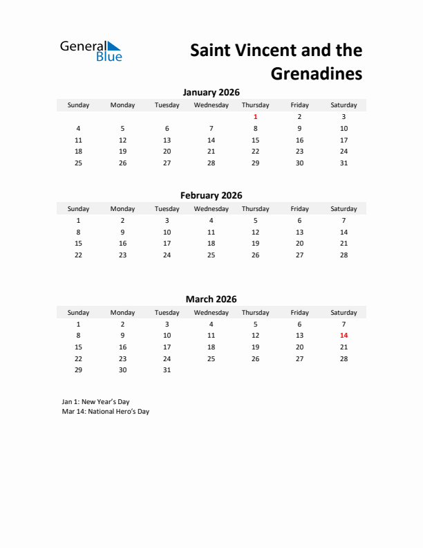 Printable Quarterly Calendar with Notes and Saint Vincent and the Grenadines Holidays- Q1 of 2026