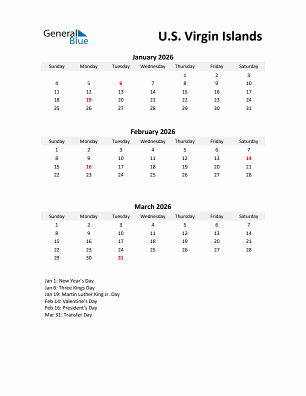 Printable Quarterly Calendar with Notes and U.S. Virgin Islands Holidays- Q1 of 2026