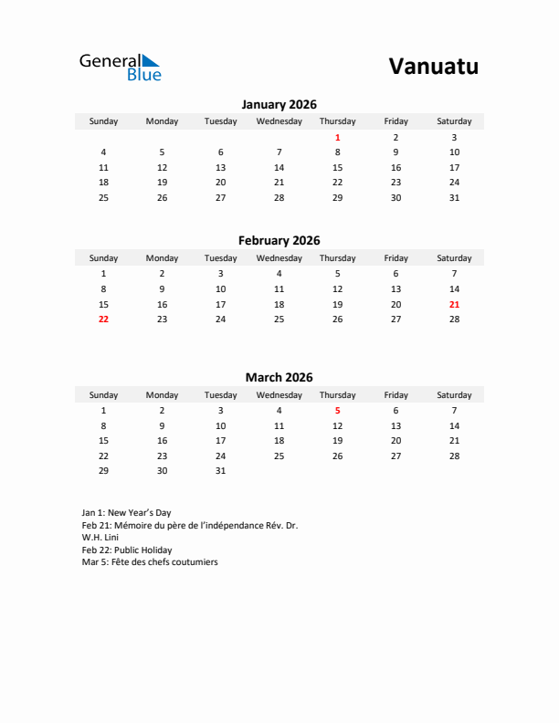 Printable Quarterly Calendar with Notes and Vanuatu Holidays- Q1 of 2026