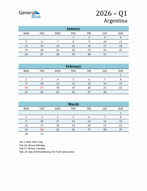 Three-Month Planner for Q1 2026 with Holidays - Argentina