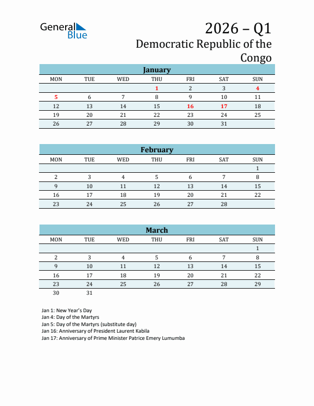 Three-Month Planner for Q1 2026 with Holidays - Democratic Republic of the Congo
