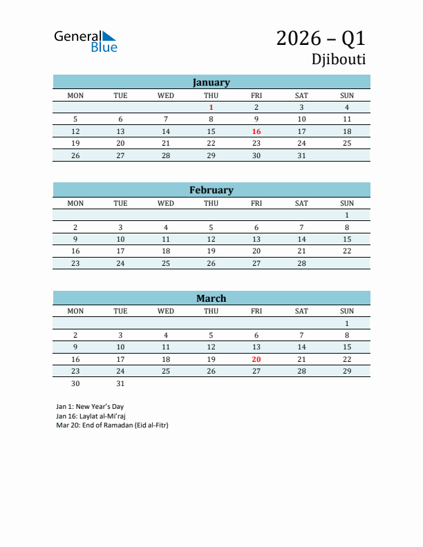 Three-Month Planner for Q1 2026 with Holidays - Djibouti