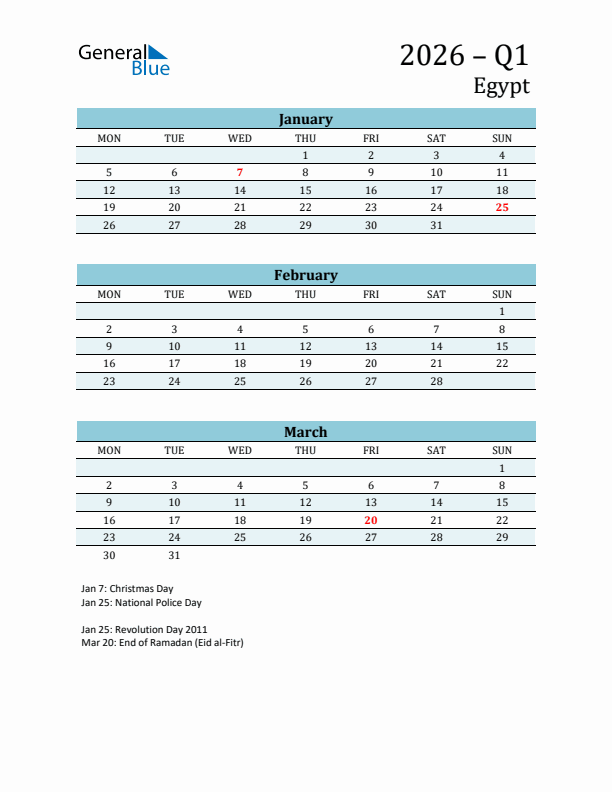 Three-Month Planner for Q1 2026 with Holidays - Egypt