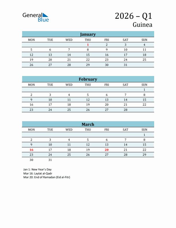 Three-Month Planner for Q1 2026 with Holidays - Guinea