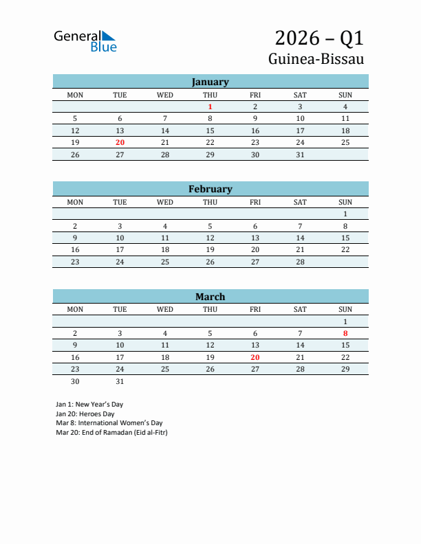 Three-Month Planner for Q1 2026 with Holidays - Guinea-Bissau