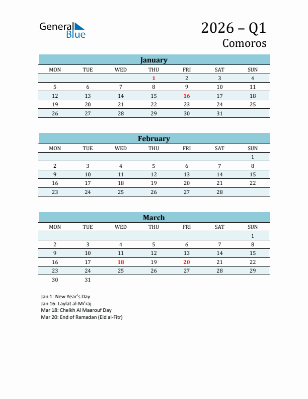 Three-Month Planner for Q1 2026 with Holidays - Comoros
