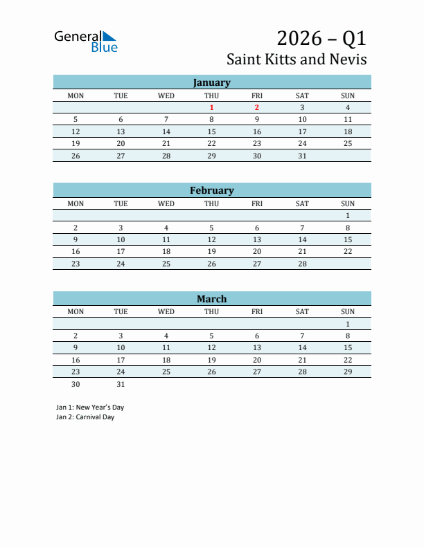 Three-Month Planner for Q1 2026 with Holidays - Saint Kitts and Nevis