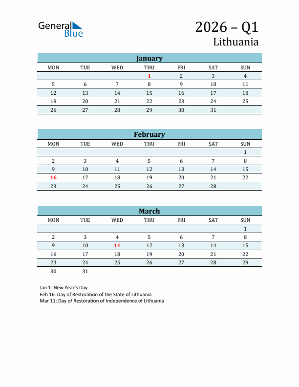 Three-Month Planner for Q1 2026 with Holidays - Lithuania