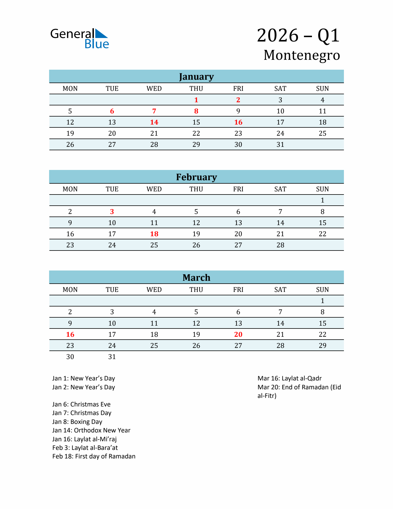 Three-Month Planner for Q1 2026 with Holidays - Montenegro