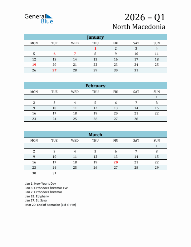 Three-Month Planner for Q1 2026 with Holidays - North Macedonia