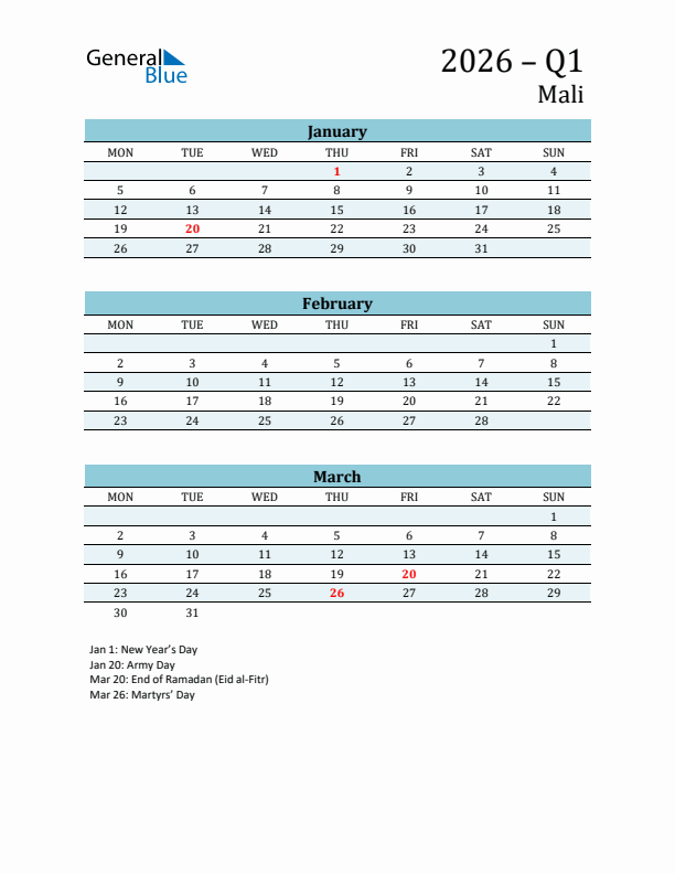 Three-Month Planner for Q1 2026 with Holidays - Mali