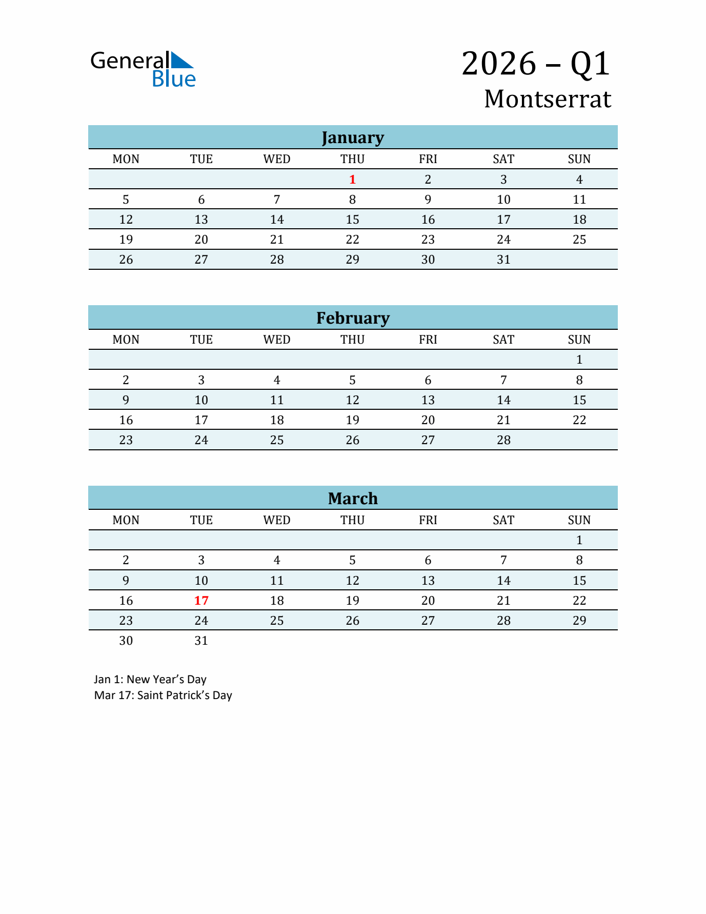 Three-Month Planner for Q1 2026 with Holidays - Montserrat