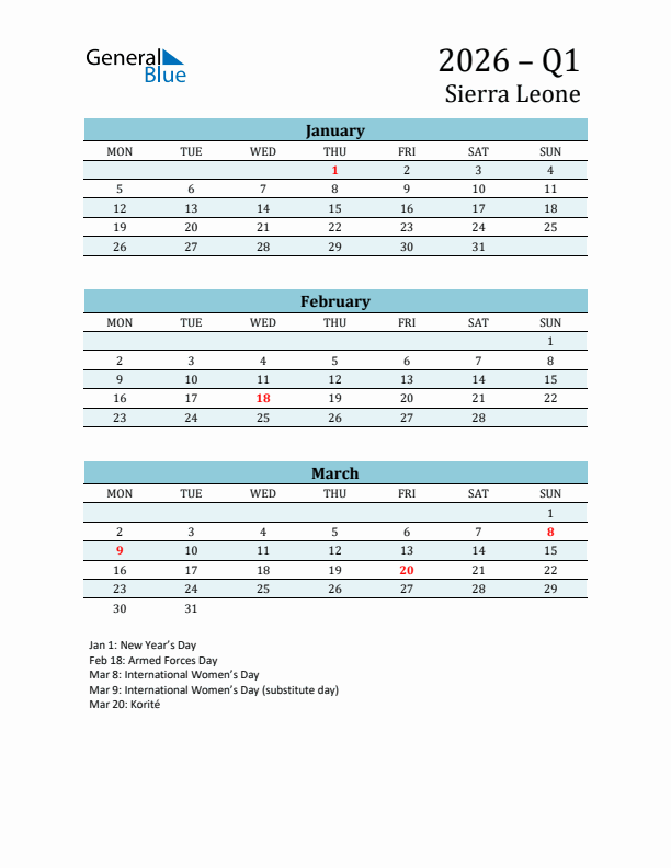 Three-Month Planner for Q1 2026 with Holidays - Sierra Leone