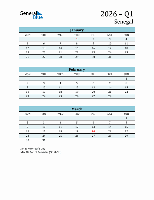 Three-Month Planner for Q1 2026 with Holidays - Senegal