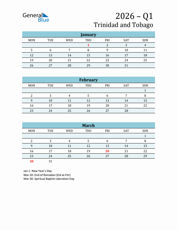 Three-Month Planner for Q1 2026 with Holidays - Trinidad and Tobago