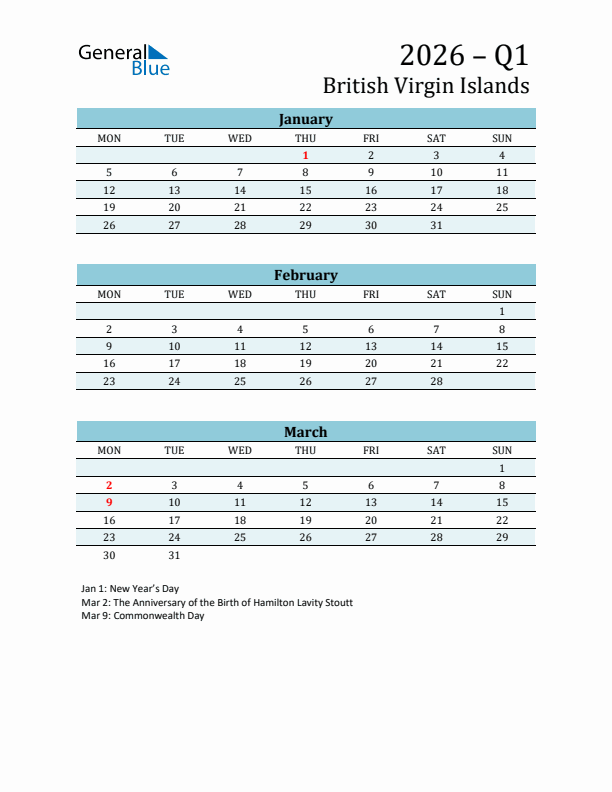 Three-Month Planner for Q1 2026 with Holidays - British Virgin Islands