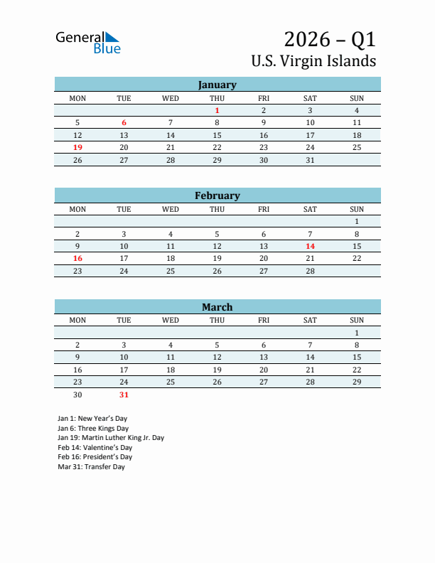 Three-Month Planner for Q1 2026 with Holidays - U.S. Virgin Islands