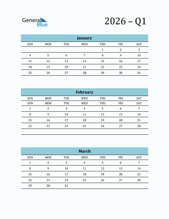 Quarter 1 2026 calendar template