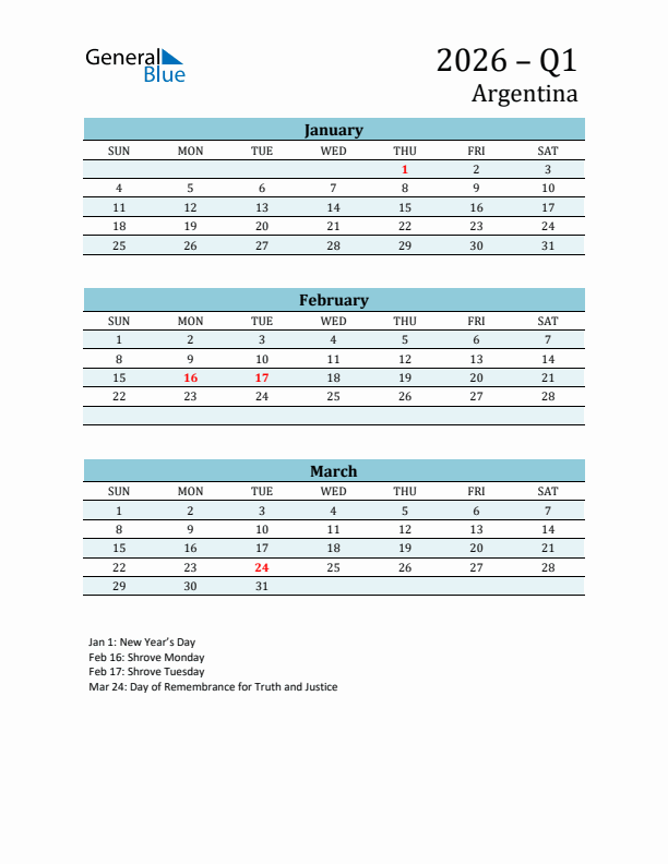 Three-Month Planner for Q1 2026 with Holidays - Argentina