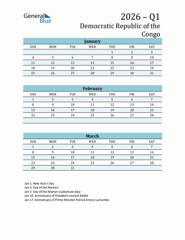 Three-Month Planner for Q1 2026 with Holidays - Democratic Republic of the Congo
