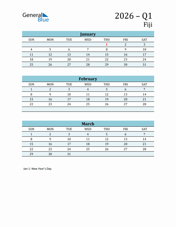 Three-Month Planner for Q1 2026 with Holidays - Fiji