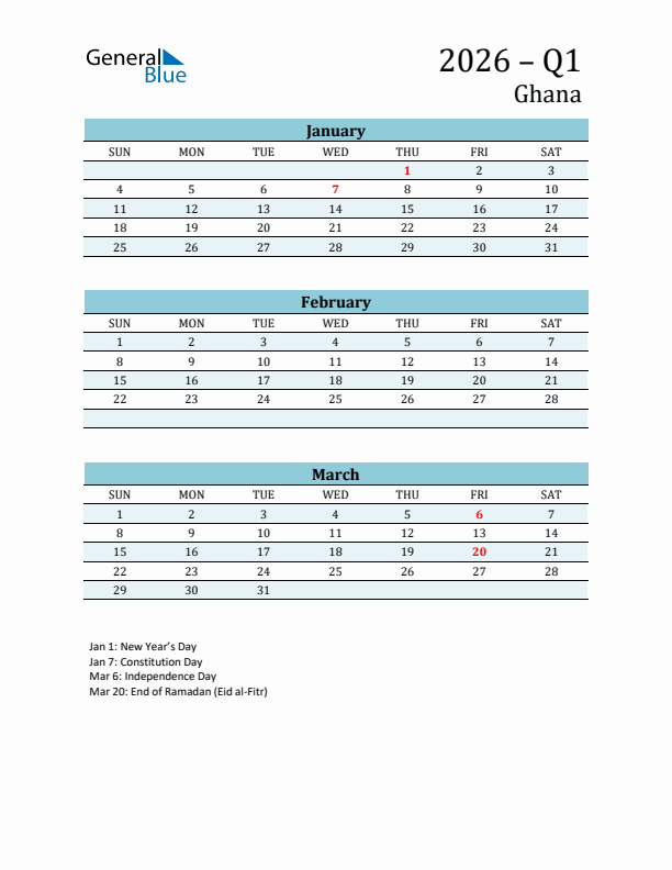 Three-Month Planner for Q1 2026 with Holidays - Ghana