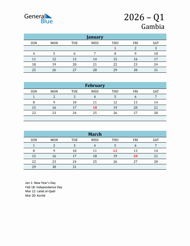 Three-Month Planner for Q1 2026 with Holidays - Gambia
