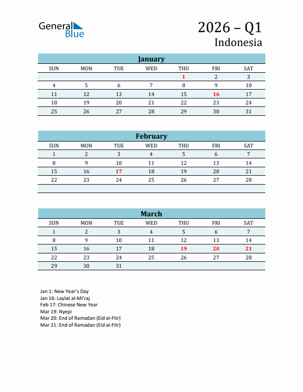 Three-Month Planner for Q1 2026 with Holidays - Indonesia