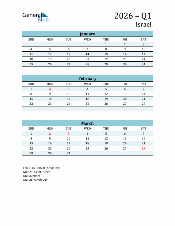 Three-Month Planner for Q1 2026 with Holidays - Israel