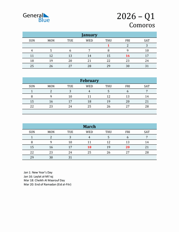 Three-Month Planner for Q1 2026 with Holidays - Comoros