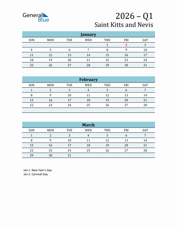 Three-Month Planner for Q1 2026 with Holidays - Saint Kitts and Nevis