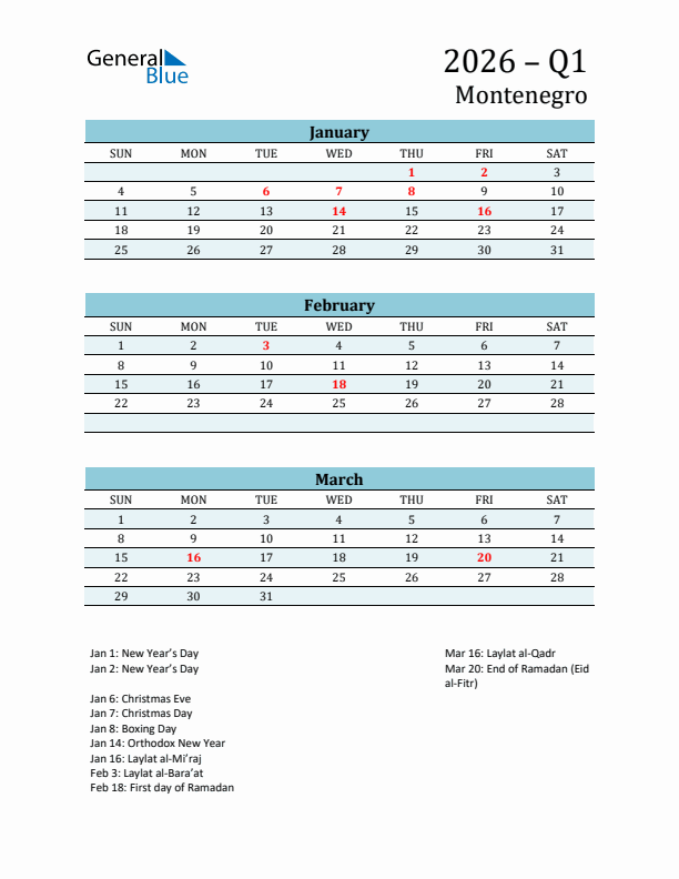 Three-Month Planner for Q1 2026 with Holidays - Montenegro