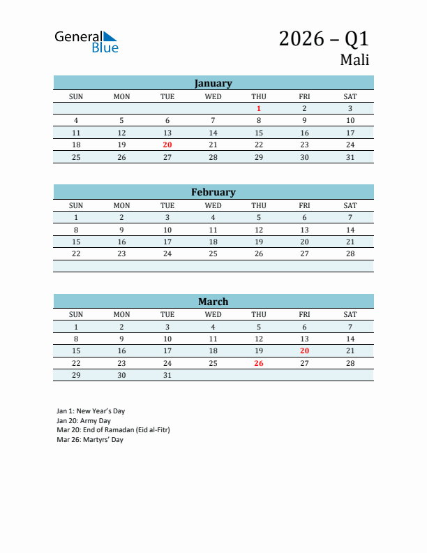 Three-Month Planner for Q1 2026 with Holidays - Mali