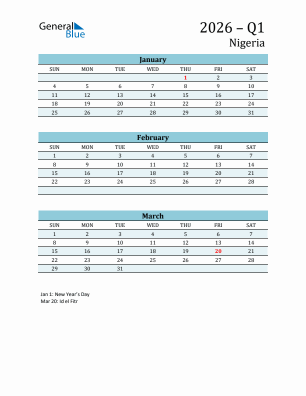 Three-Month Planner for Q1 2026 with Holidays - Nigeria