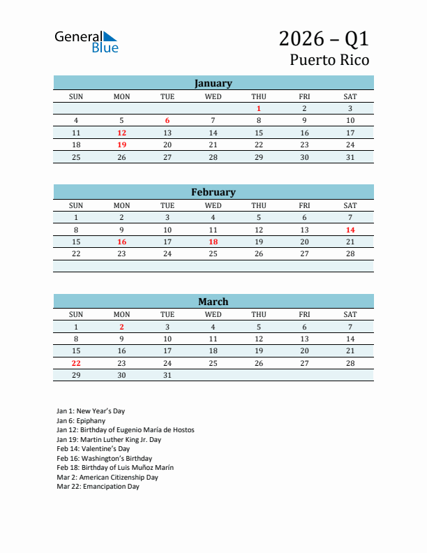 Three-Month Planner for Q1 2026 with Holidays - Puerto Rico