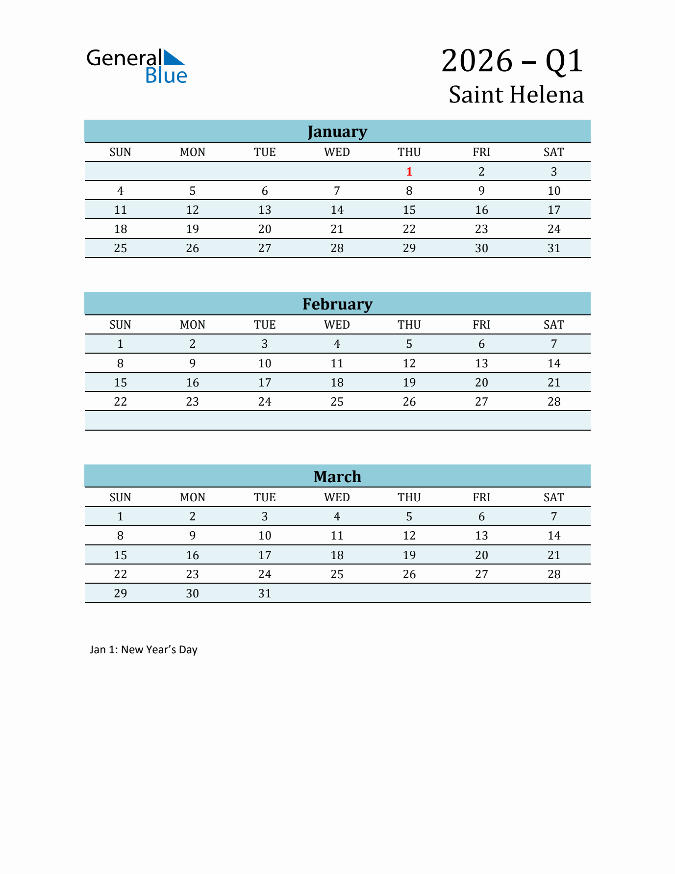 Three-Month Planner for Q1 2026 with Holidays - Saint Helena