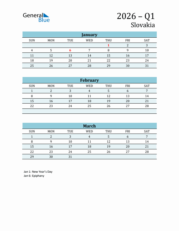 Three-Month Planner for Q1 2026 with Holidays - Slovakia
