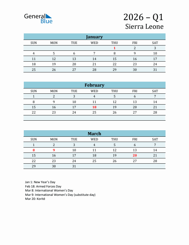 Three-Month Planner for Q1 2026 with Holidays - Sierra Leone