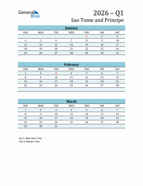 Three-Month Planner for Q1 2026 with Holidays - Sao Tome and Principe
