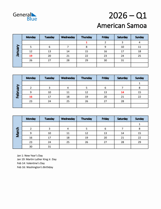 Free Q1 2026 Calendar for American Samoa - Monday Start